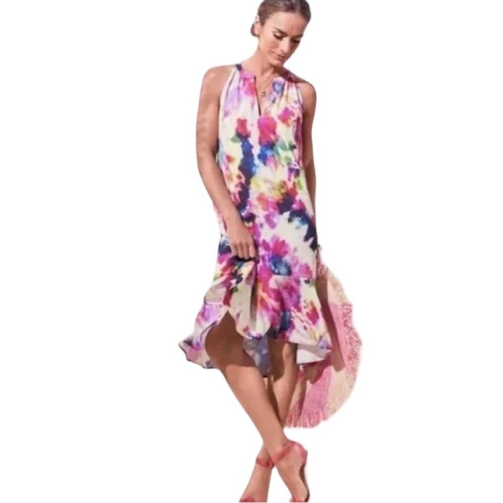 Cabi Halter Ruffle High-Low Tie Dye Multi Color Dress Women's Size Small